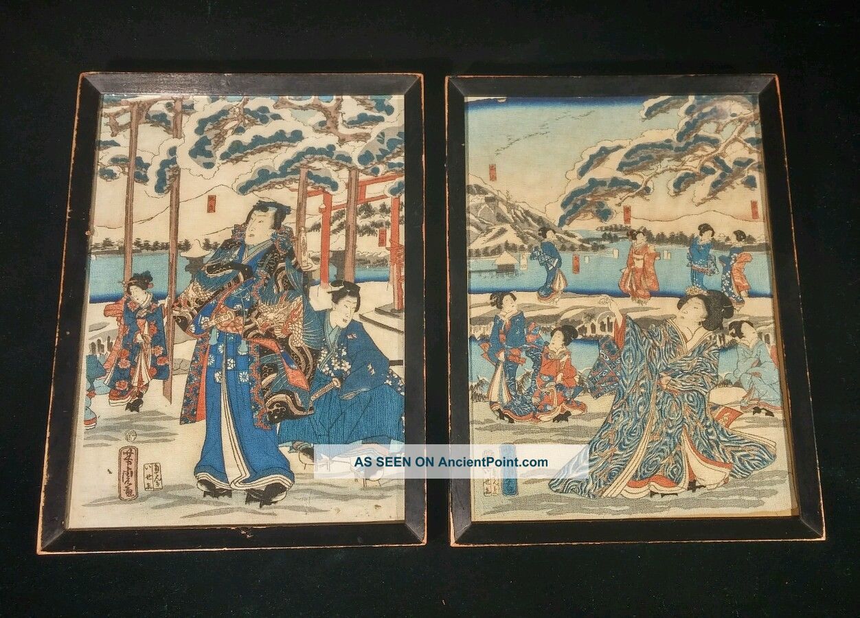 Signed Japanese Pictures Of Nobleman & Lady On Crepe Paper Paintings & Scrolls photo