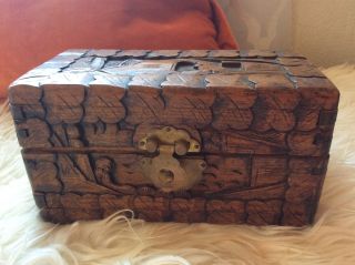 Vintage Asian Carved Wood Jewelry Trinket Treasure Box Chest Brass Hardware photo
