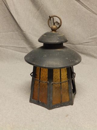 Vtg Copper Ceiling Porch Light Amber Stained Glass Old Parts Repair 403 - 16 photo