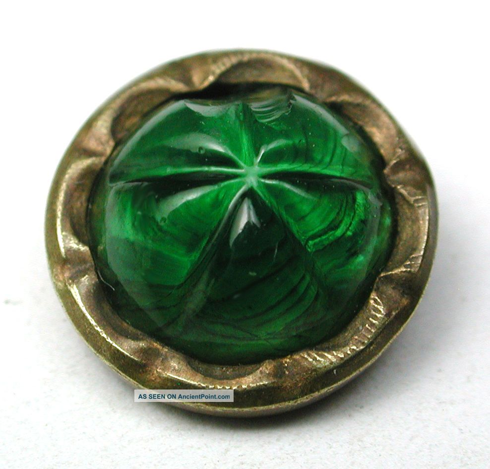 Antique Glass In Metal Button Green Flower Mold In Brass - 3/8 Inch Buttons photo