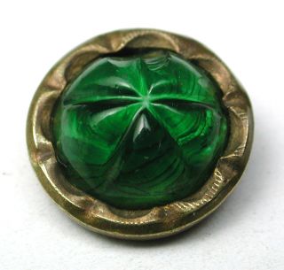 Antique Glass In Metal Button Green Flower Mold In Brass - 3/8 Inch photo