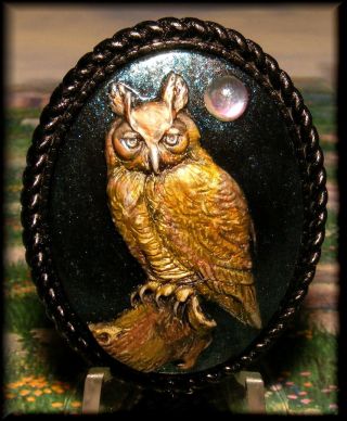 Majestic Owl Perched On Stump Hand Painted 3d Studio Button photo