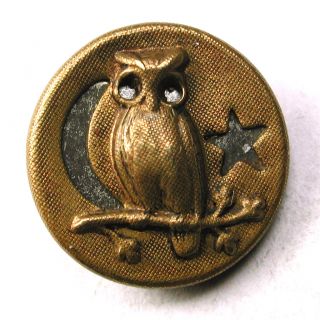 Antique Brass Button Perched Owl W/ Cut Out Crescent Moon & Star - 9/16 Inch photo