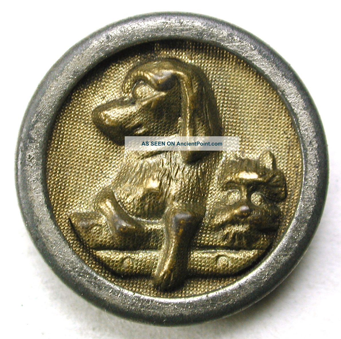 Antique Brass & Steel Button 2 Dogs Hanging Out At The Fence - 5/8 Inch Buttons photo