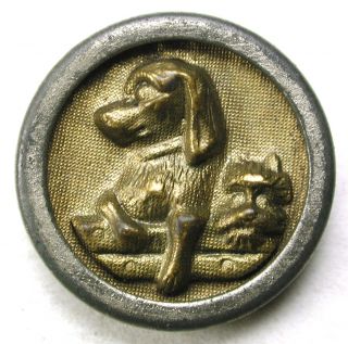 Antique Brass & Steel Button 2 Dogs Hanging Out At The Fence - 5/8 Inch photo