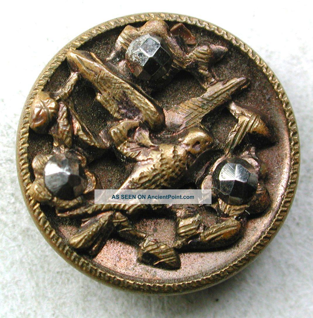 Antique Brass Button Perched Bird W/ Cut Steel Accents 9/16 