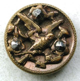 Antique Brass Button Perched Bird W/ Cut Steel Accents 9/16 