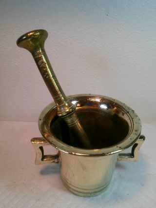 Vintage Heavy Solid Brass Mortar And Pestle Square Handles photo