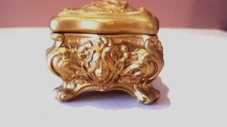 Art Nouveau Art Metal Ftd.  Ring Casket Peacock & Ladies Heads Gold Gilt 2 1/2 
