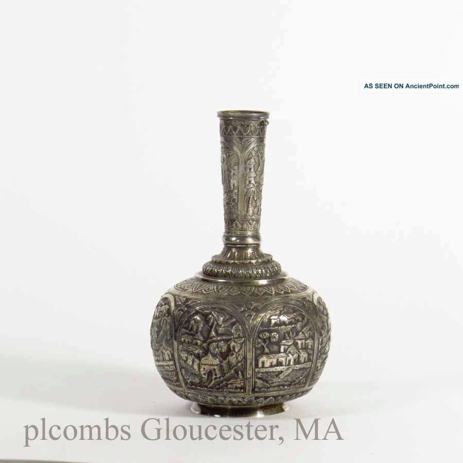 19th C.  Anglo Indian Silver Bottle With Landscape Scene ' S Coin Silver (.900) photo