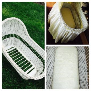 Vintage White Wood Wicker Top Cradle Bassinet Portion W/outside Skirt photo