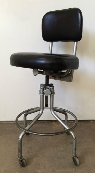 Vtg Industrial Metal Adjustable Swivel Factory Drafting Shop Stool Chair Black photo
