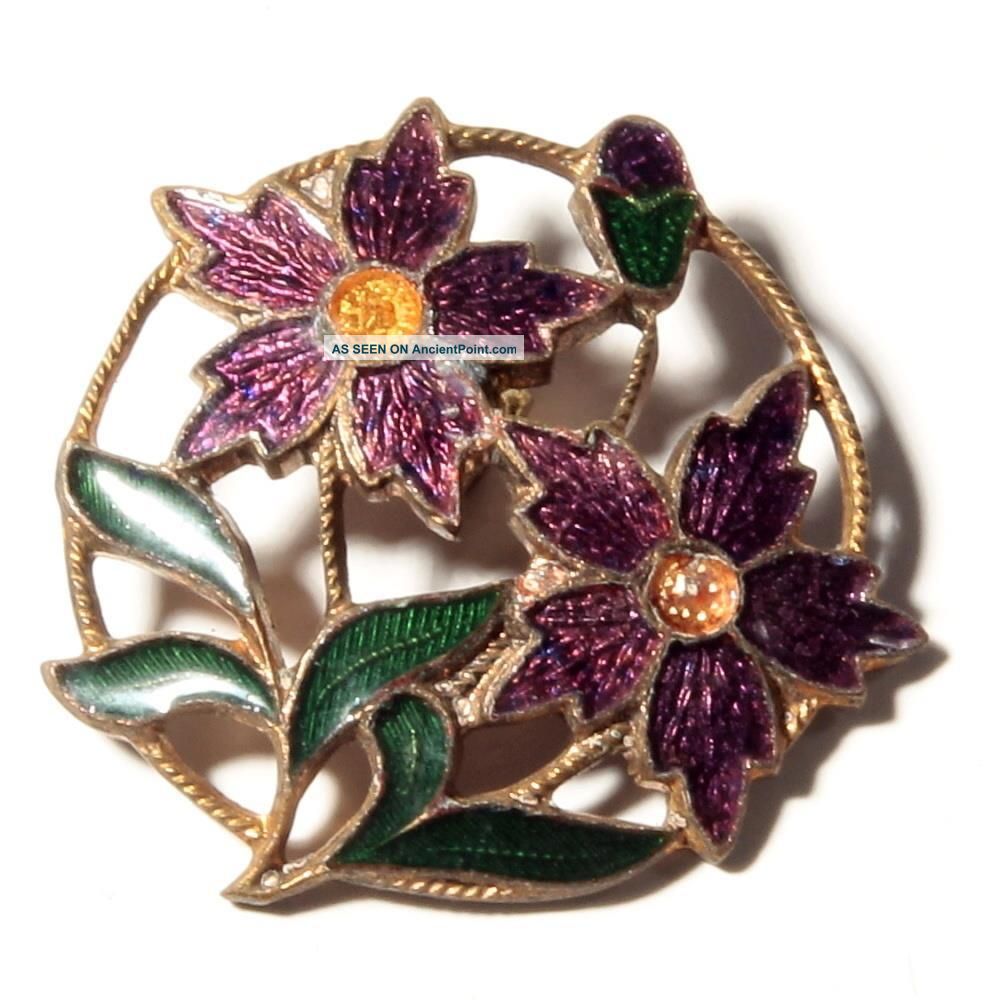 (1) Rare Antique Austrian Pierced Openwork Pink Flower Champleve Enamel Button Buttons photo