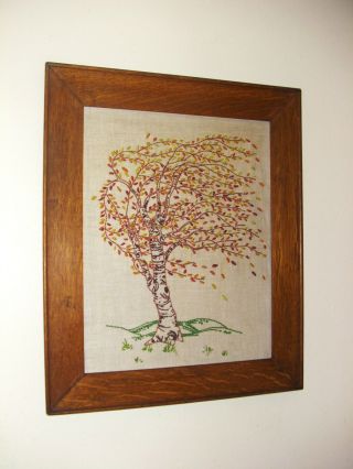 Mid Century Embroidery Art In A Oak Wooden Frame photo
