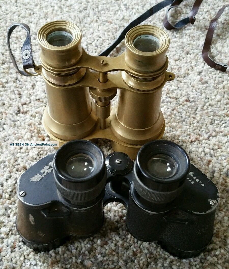 Victorian Brass Leather Binoculars Marine Sailor Replica And Old Black Pair Telescopes photo