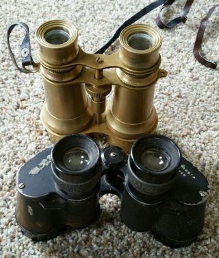 Victorian Brass Leather Binoculars Marine Sailor Replica And Old Black Pair photo