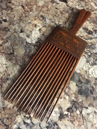 Antique Hand Carved Wood Wooden Brown Americana Hair Comb Pick African Art photo