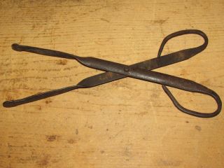 Rare 18th C American Wrought Iron Pipe Tongs Great Handles Grungy Old Surface photo