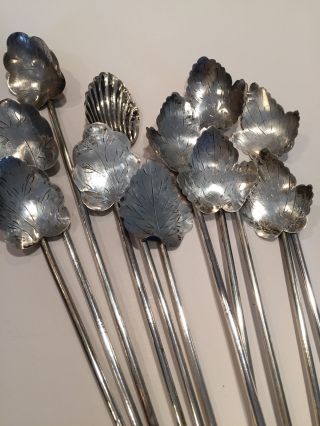 11 Vintage Sterling Silver Iced Tea Julep Leaf Stir Spoons Straws Mexico, photo