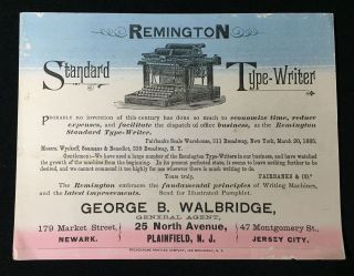 1885 Remington Standard Typewriter Color - Printed Handbill Jersey Agent photo