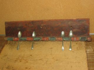 Early 19th C Pa German Hanging Wooden Spoon Rack Best Red & Blue Paint photo