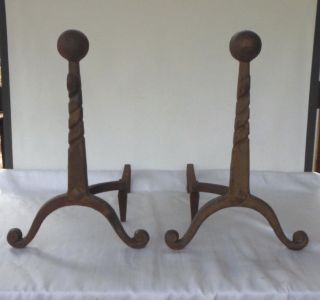 Antique Vintage Cahill Cast Iron Andirons Signed & Numbered 914 photo