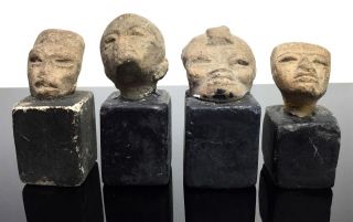 4pc Clay Aztec Columbian Mayan Head Carved Stone Face Figure Artifact Fragment photo