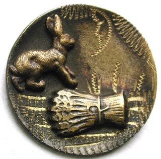 Antique Brass Button Rabbit & Sheaf Of Wheat Pictorial - 11/16 