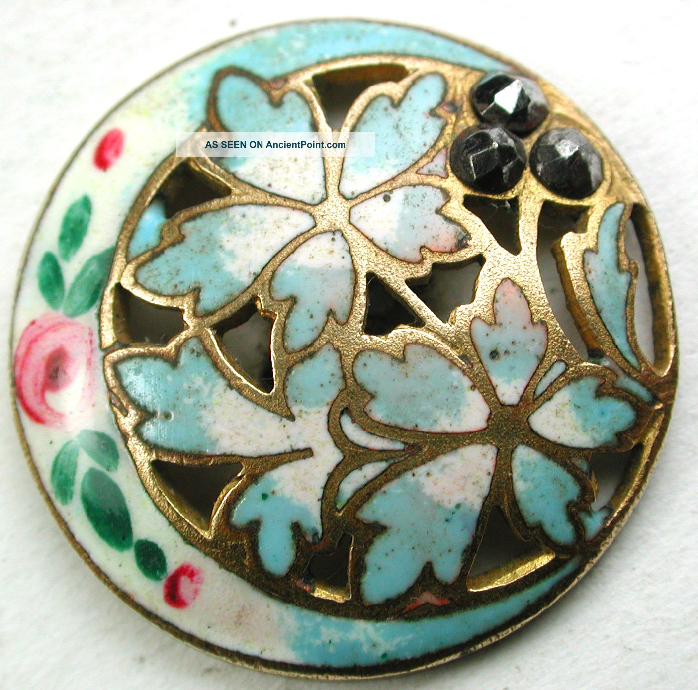 Antique French Enamel Button Fancy Pierced Leaves W/ Cut Steel Accents - 7/8 