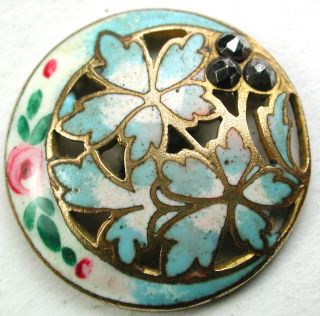 Antique French Enamel Button Fancy Pierced Leaves W/ Cut Steel Accents - 7/8 