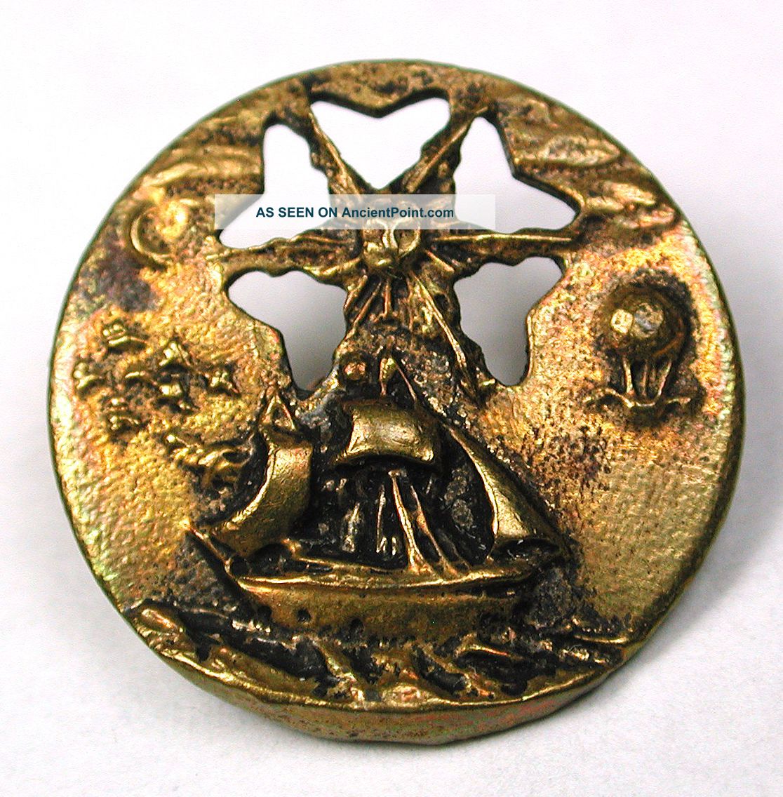 Antique Pierced Brass Button Ship W/ Sun Crescent Moon & Balloon - 5/8 ' Buttons photo