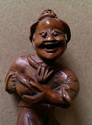 But V.  Fine Small 19thc.  Japanese Wooden Carving Of Man With Conch Shell photo