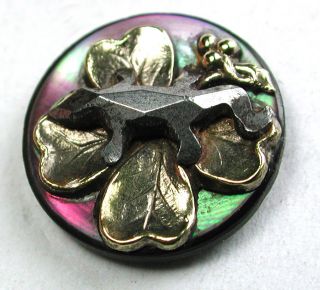 Antique Iridescent Shell Button W Cut Steel Lizard & Brass 4 Leaf Clover - 9/16 