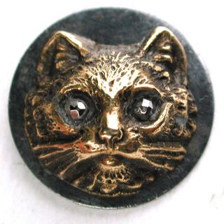 Antique Button Brass Cat Face On Steel Disc W/ Cut Steel Eyes - 1/2 