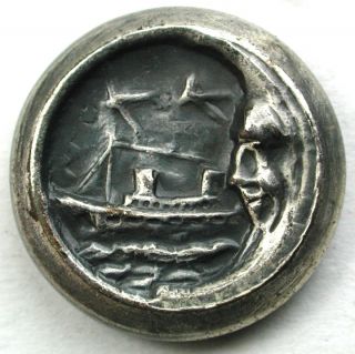 Antique Metal Button Cruise Ship W/ Crescent Moon Face Border & Stars - 5/8 