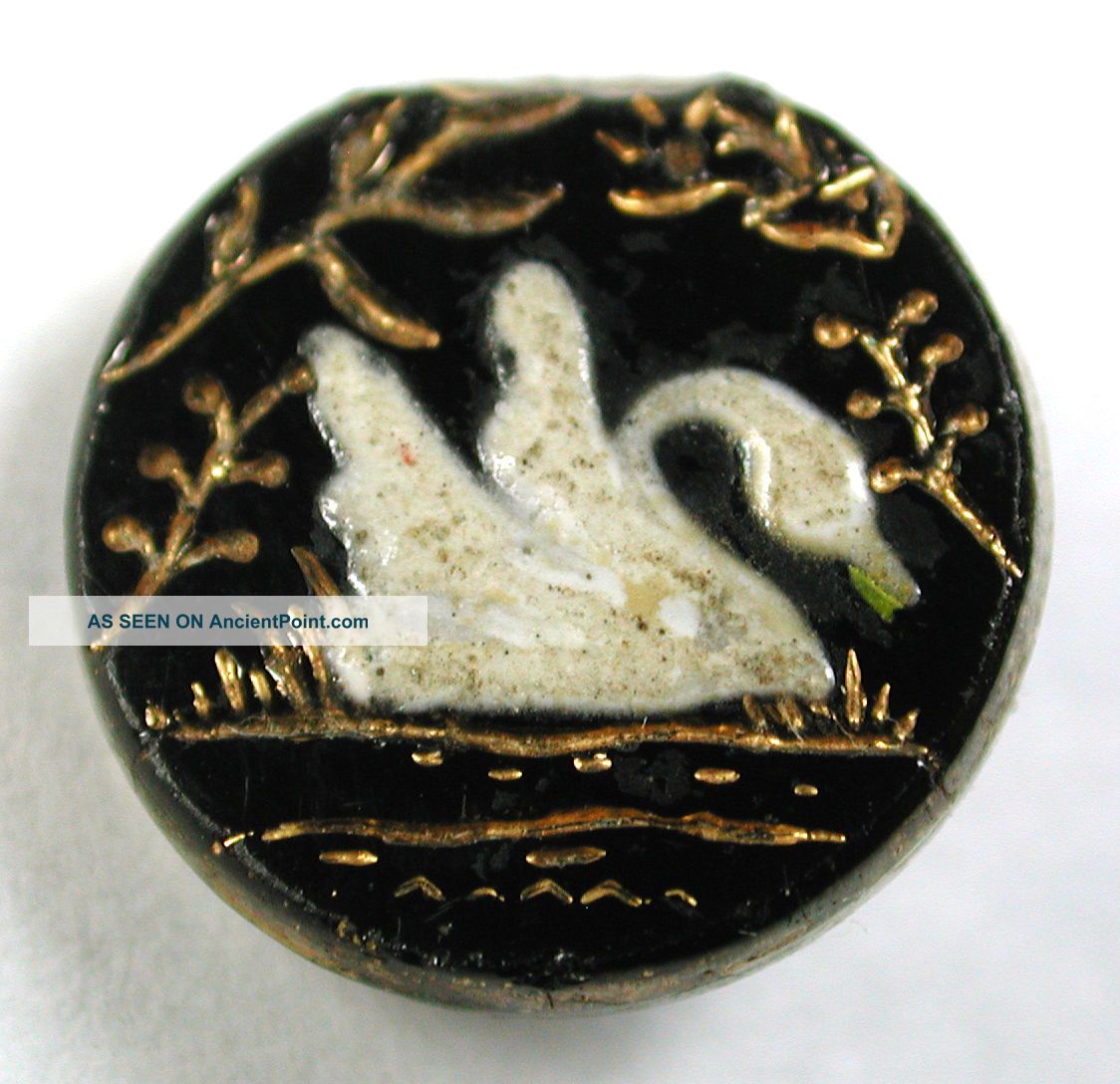Antique Black Glass Button Enamel Swan Design W/ Gold Luster Accents - 9/16 