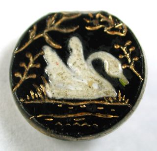Antique Black Glass Button Enamel Swan Design W/ Gold Luster Accents - 9/16 