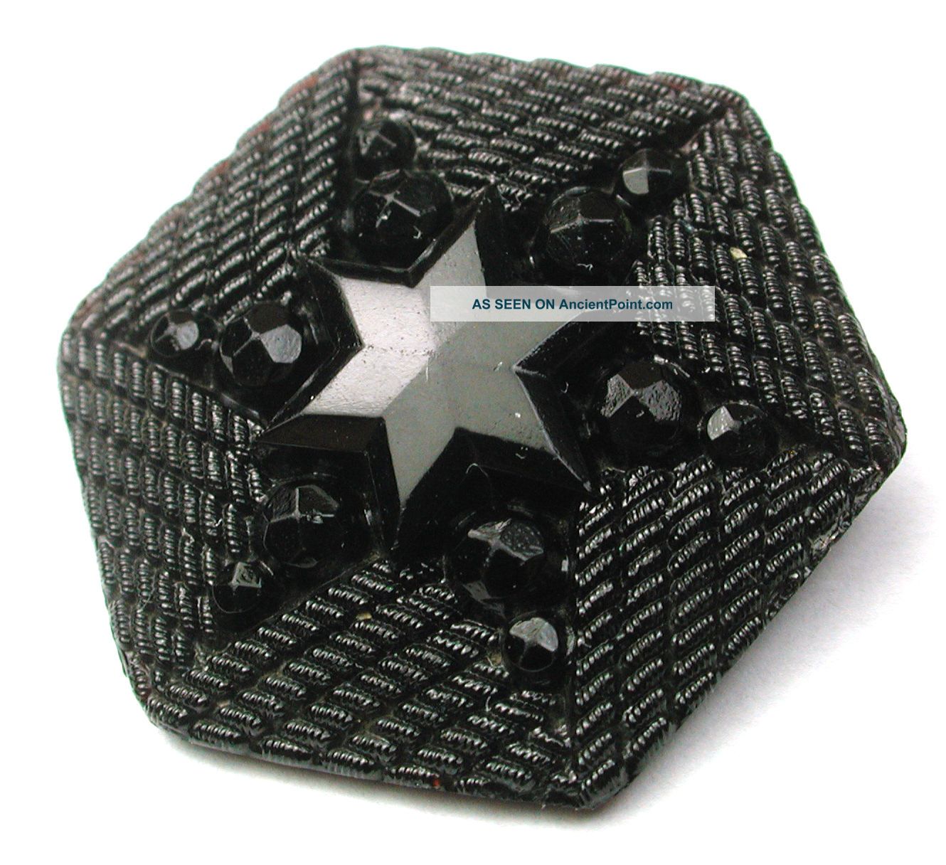 Antique Black Glass Button Six Pointed Star Design - 1 & 1/16 