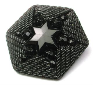Antique Black Glass Button Six Pointed Star Design - 1 & 1/16 