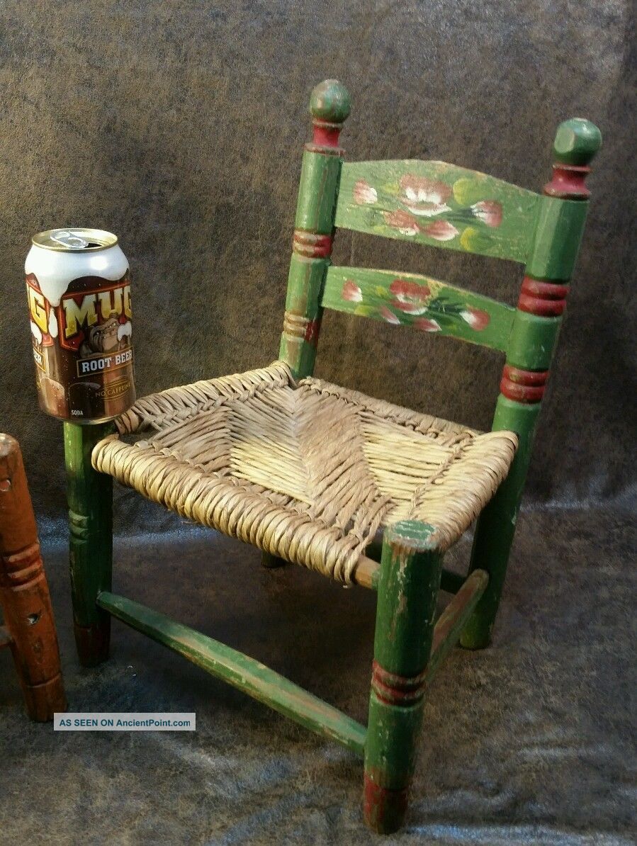 2 Primitive Antique Wood Chairs Rosemaling Norwegian Hpainted Wicker Small Child 1800-1899 photo