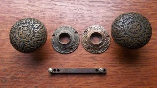 Antique Fancy Cast Bronze Victorian Doorknobs Door Knobs & Rosettes C1885 photo