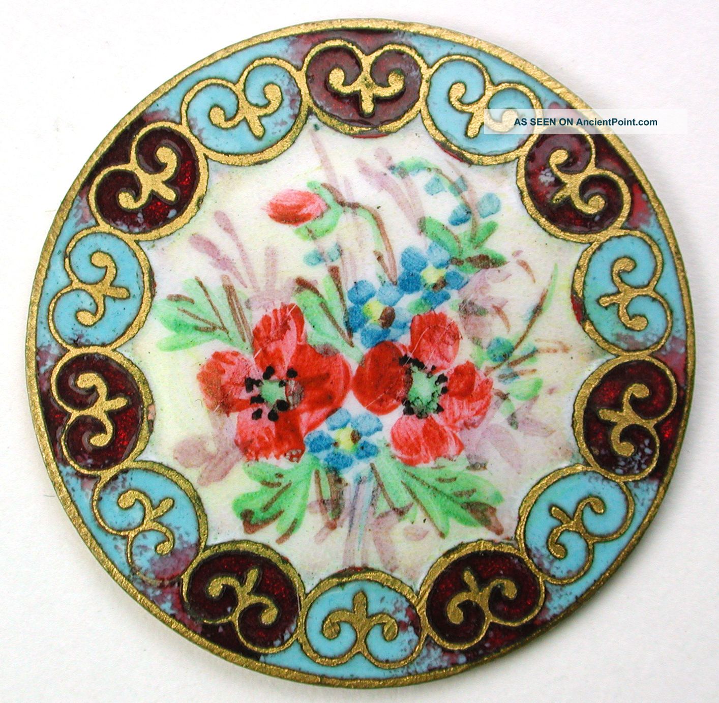 Antique French Enamel Button Hand Painted Flowers W/ Fancy Champleve Border Buttons photo
