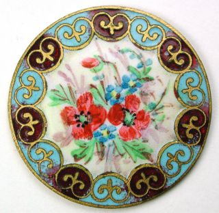 Antique French Enamel Button Hand Painted Flowers W/ Fancy Champleve Border photo