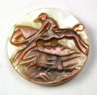 Antique Carved Shell Button Horse & Rider Jumps Fence Equestrian Scene - 11/16 