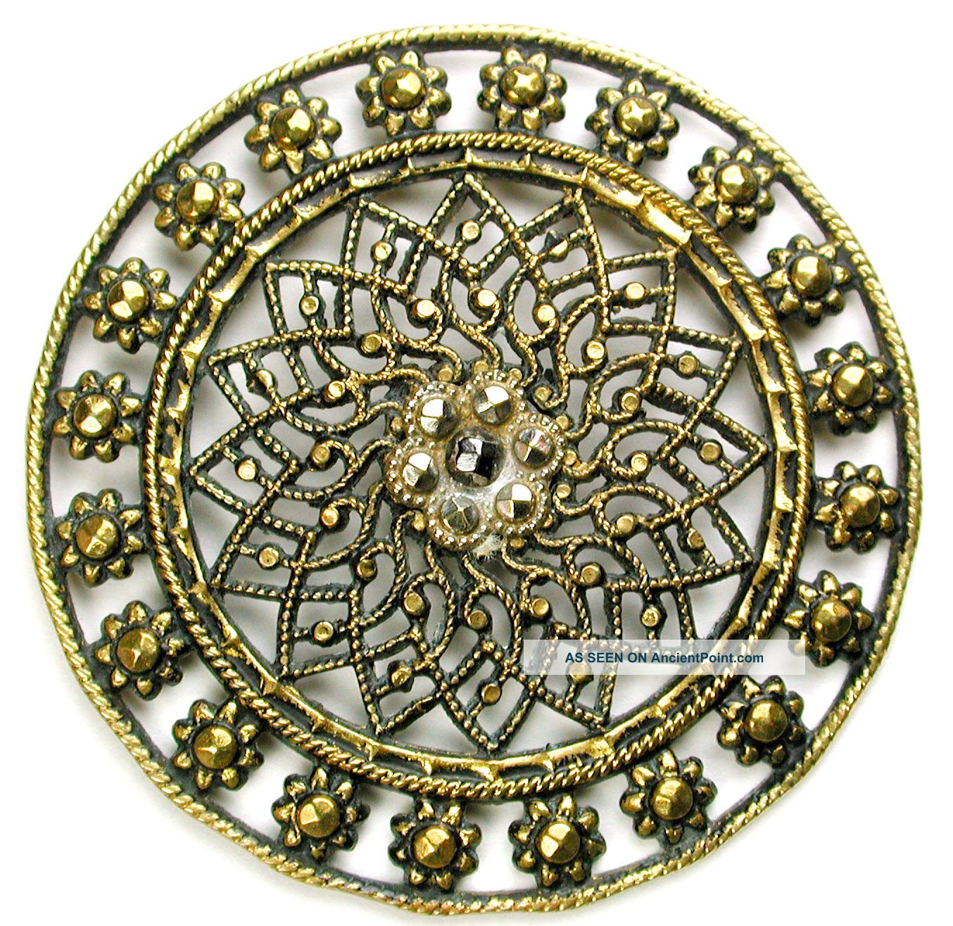 Antique Pierced Brass Button Fancy Filigree Flower W/ Steel Accent 1 & 3/8 