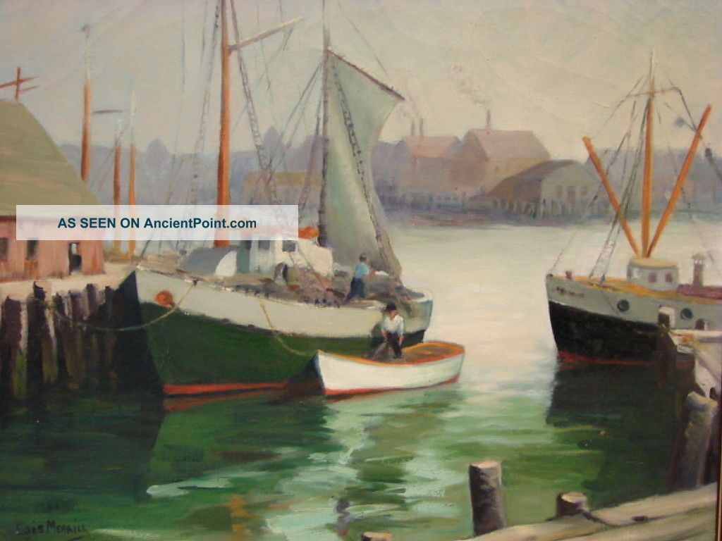 Signed Antique Gloucester Harbor Ships Dock Impressionist Oil Painting Noyes Era Other Maritime Antiques photo
