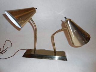 Fab Mid Century Modern Dual Brass Cone Shade Bendy Gooseneck Desk Light Lamp photo