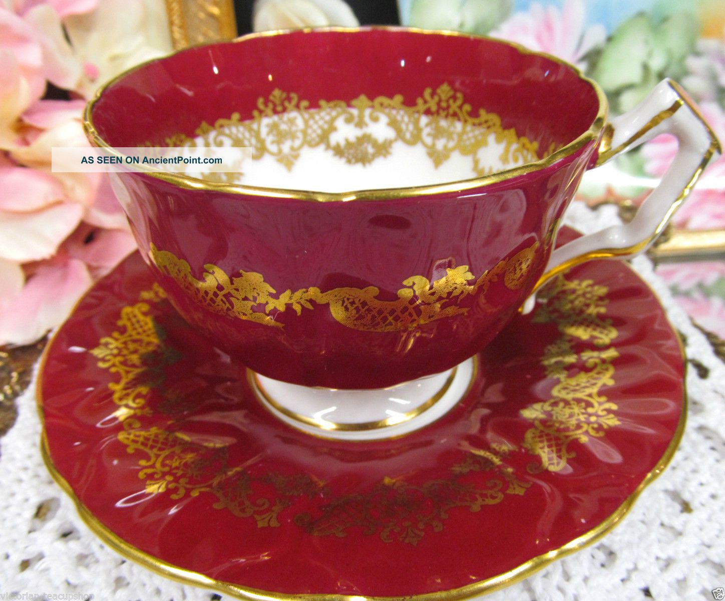 Aynsley Tea Cup And Saucer Crocus Shape Wine Red Gold Pattern Teacup Cups & Saucers photo