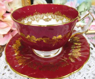 Aynsley Tea Cup And Saucer Crocus Shape Wine Red Gold Pattern Teacup photo