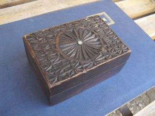 Antique Wooden Box Trinket Hand Carved With Central Crystal Old photo
